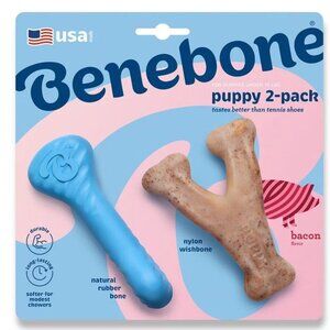 Benebone Rubber and Nylon Puppy Dog Chew Toy Small Bacon Flavored Made In USA